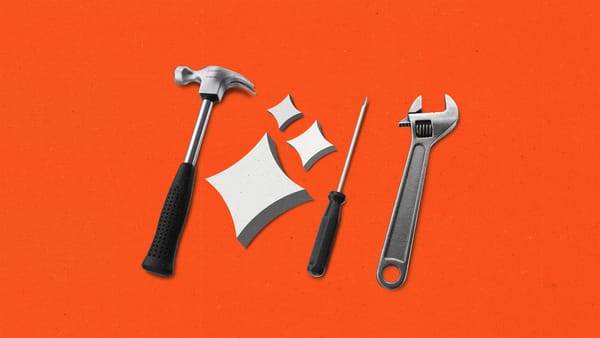 Tools, a hammer, screwdriver, wrench and AI sparkles, all lying in a row.