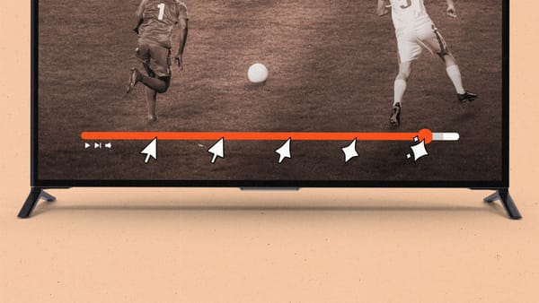 A TV displaying a soccer game with video progress bar with a cursor transforming into AI sparkles in steps.