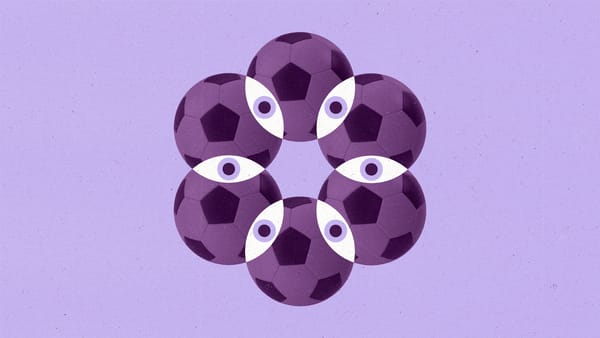 A radial patten composed of soccer balls with overlapping parts made to look like eyes.