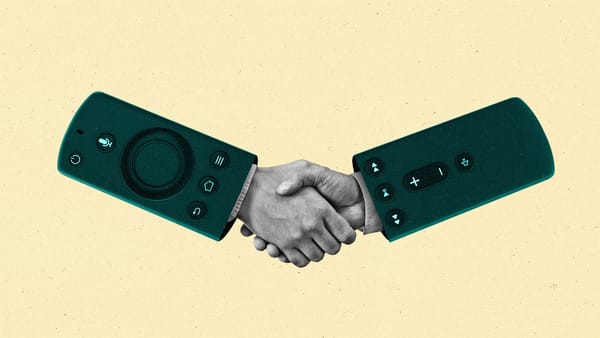 A CTV remote split made to look like the sleeves of two shaking hands.