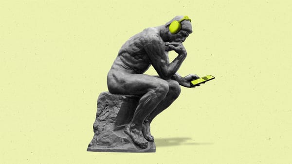 The thinker statue wearing headphones looking down at cellphone with a waveform on it.