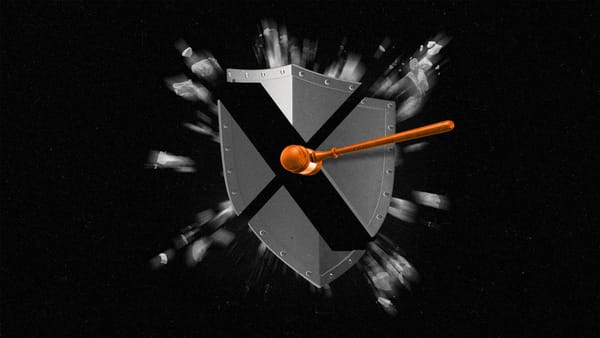 A shield with an X cut out in it being struck by a gavel