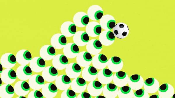 A wave of eyes all looking towards a soccer ball being carried at the crest of the wave.