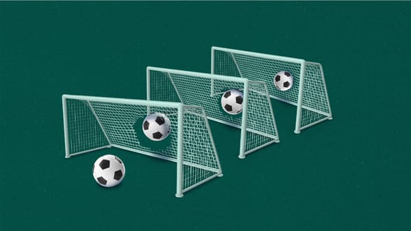 Soccer balls traveling and breaking through three lined-up goals
