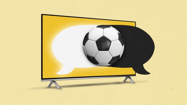 Yellow graphic of a soccer ball and word bubble over a television