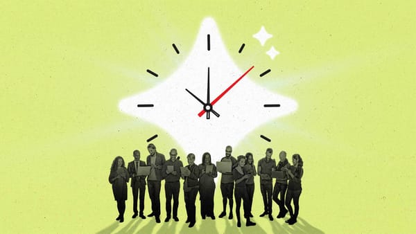 A diamond shape clock is in the background of a group of business people.