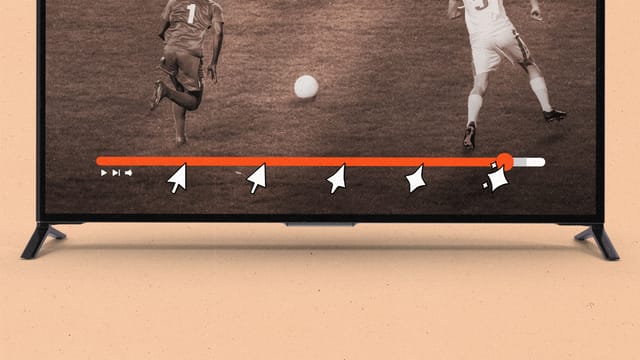 A TV displaying a soccer game with video progress bar with a cursor transforming into AI sparkles in steps.