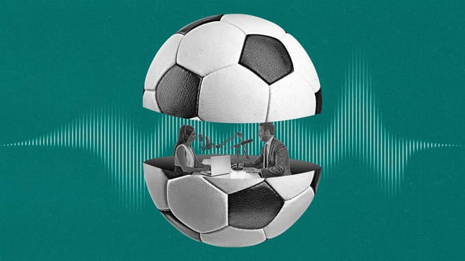 Two podcasters speak to eachother from inside a soccer ball that is split in half.