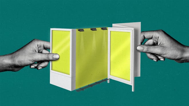 Hands pull open a brochure with it's pages resembling various digital out of home displays and billboard