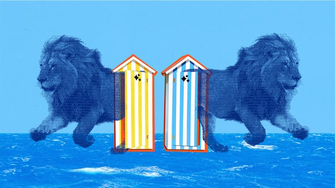 Two bitmap lions emerging from Cannes beach bungalows.