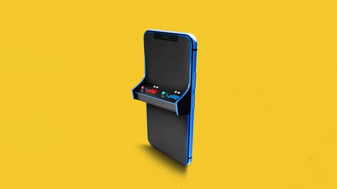 Smartphone with arcade game controls attached to the front of it.