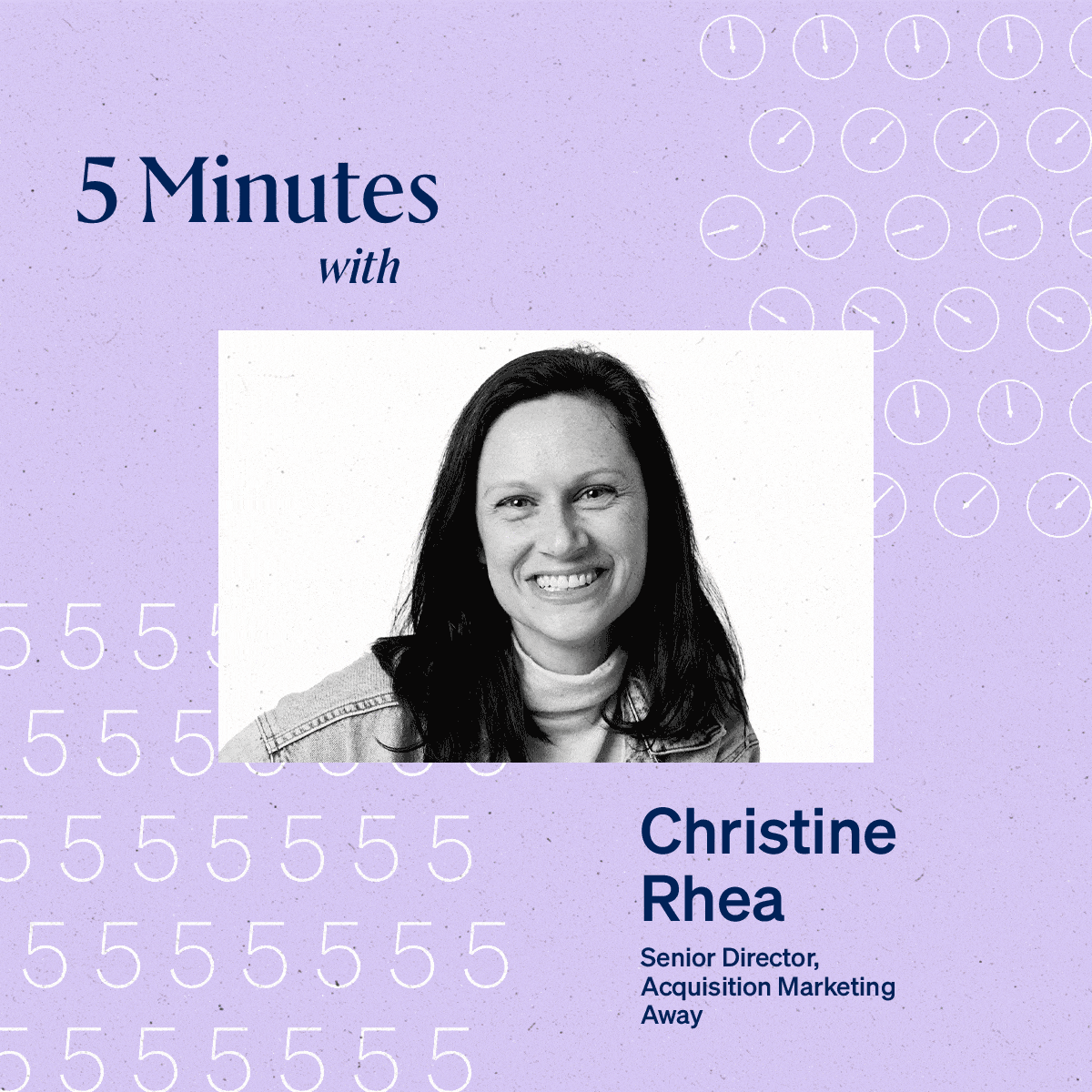 Black and white portrait of Christine Rhea smiling, featured in a “5 Minutes with” interview graphic for The Current.