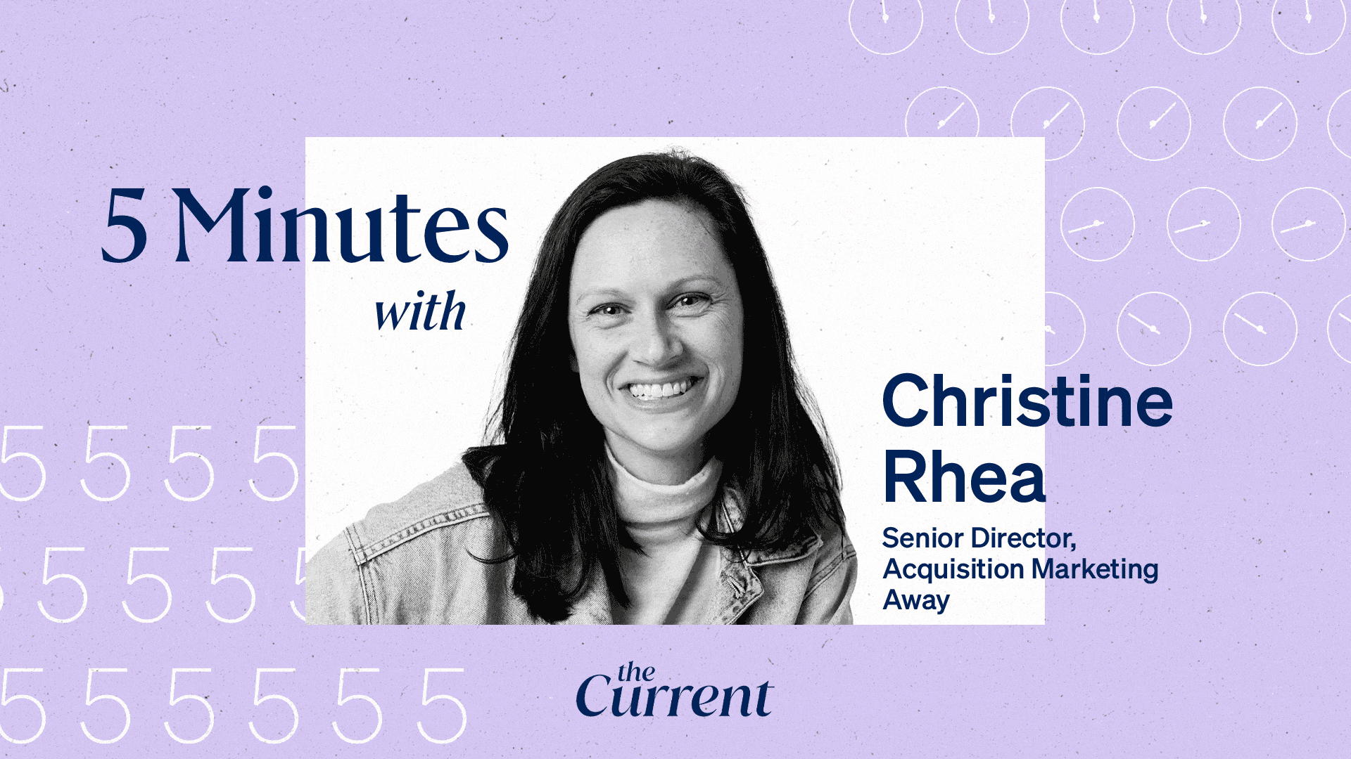 Black and white portrait of Christine Rhea smiling, featured in a “5 Minutes with” interview graphic for The Current.